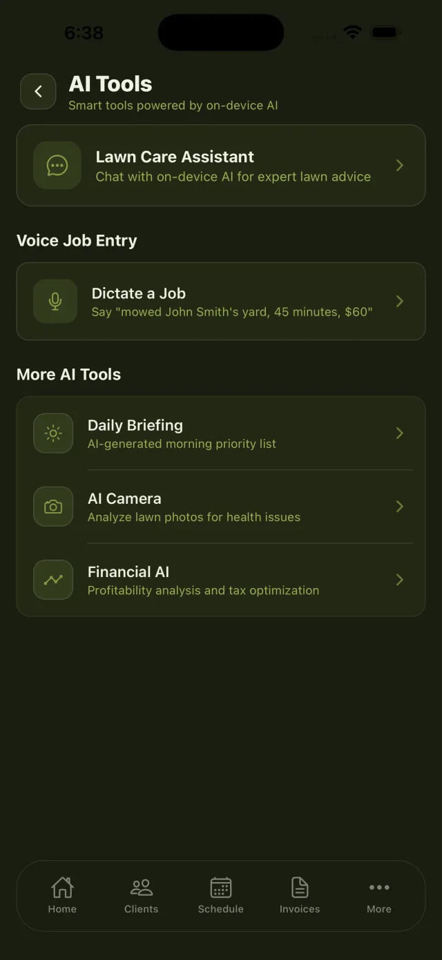 LawnBook AI Tools: lawn care assistant, voice job entry, daily briefing, AI camera