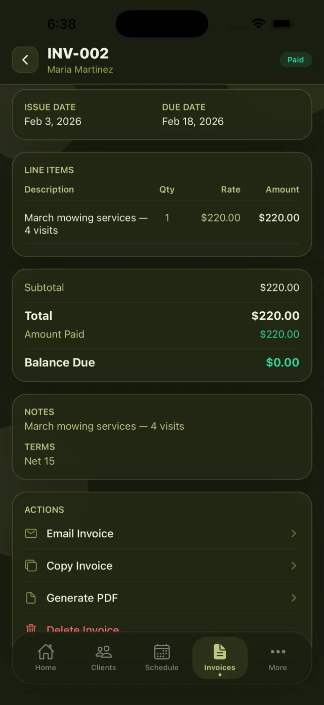 A LawnBook invoice with line items, totals and actions