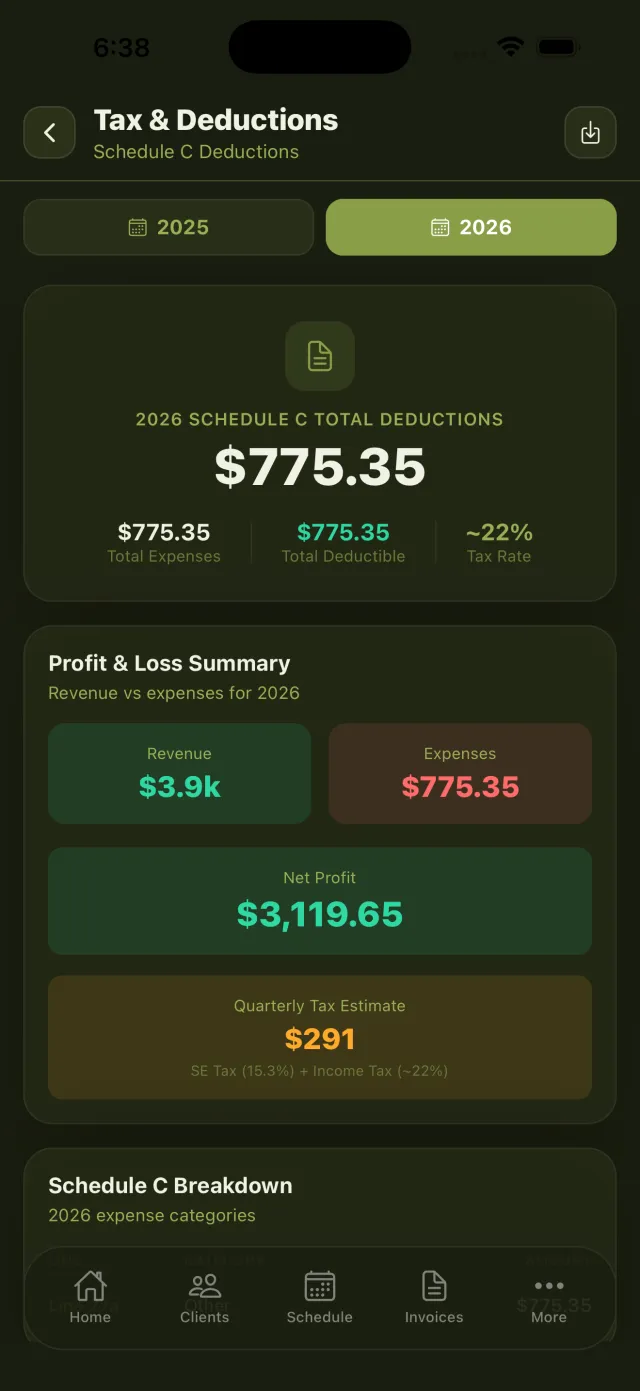 LawnBook Tax & Deductions screen with Schedule C totals and a quarterly estimate