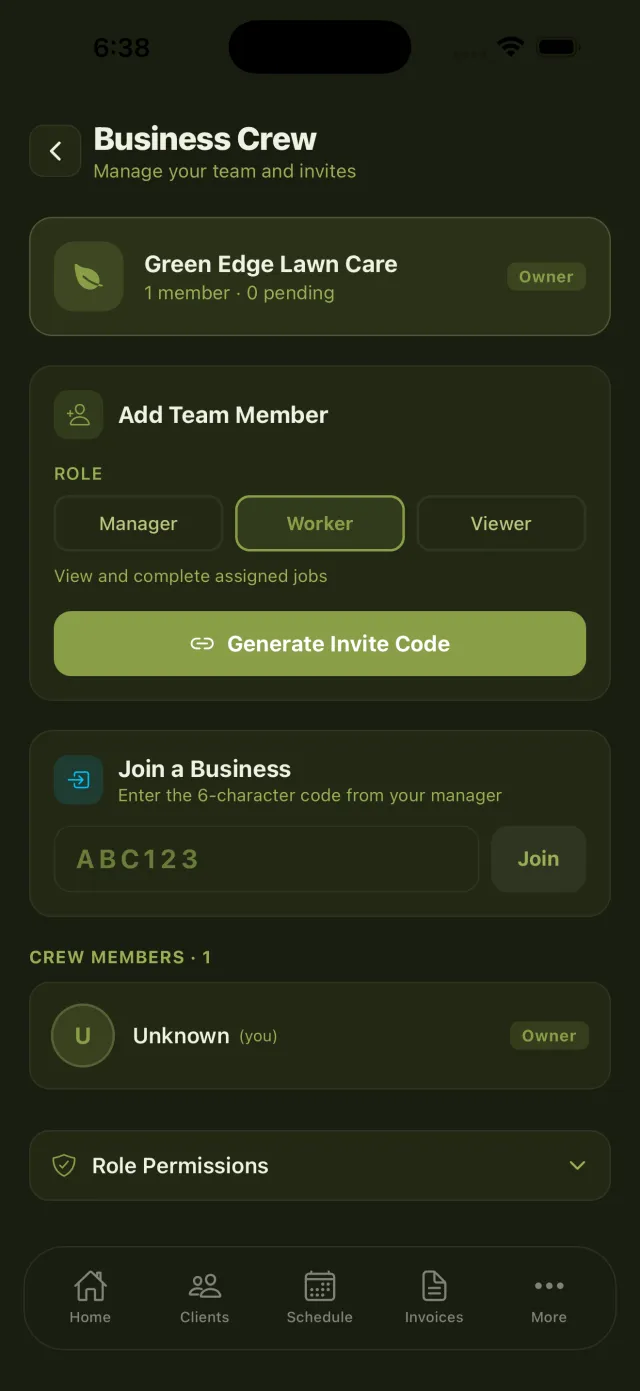 LawnBook crew screen